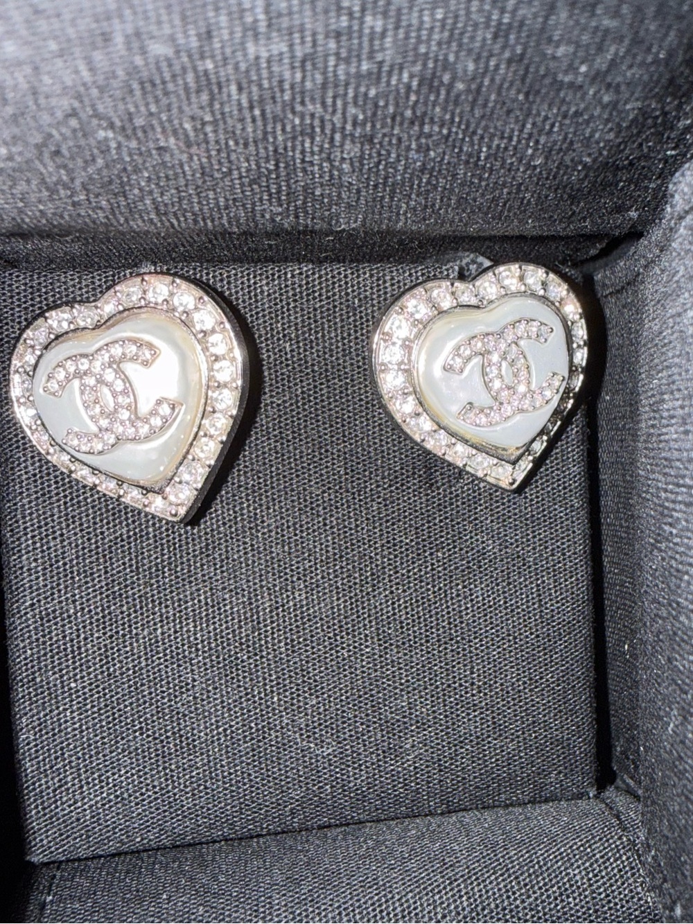 CHANEL Pearl Crystal CC Heart Earrings in Silver